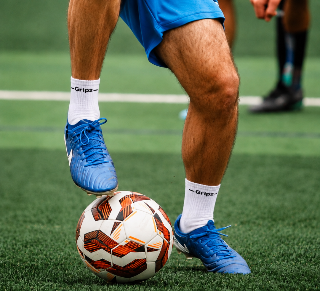 A close-up action shot of a soccer player's legs on a green turf field, wearing blue Nike soccer cleats, white Gripz socks, and blue shorts.