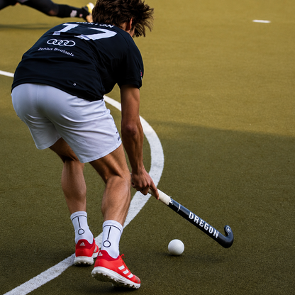 Hockey player practicing on a turf field